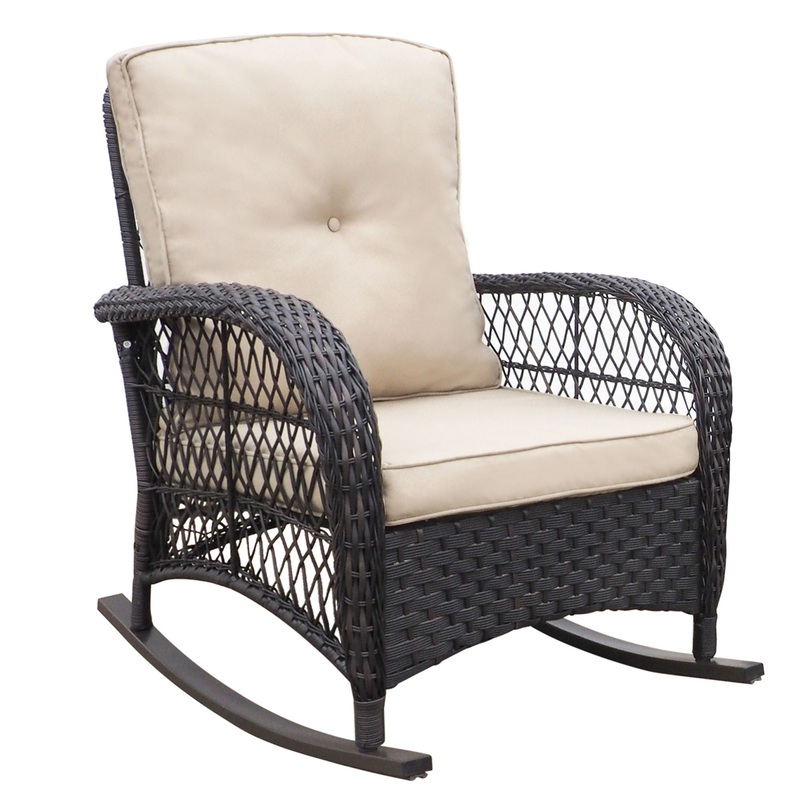 Garden Rocking Chair, Outdoor Rattan Rocker Chair With All-Weather Hand-Woven Resin Wicker, Patio Relaxing Lounge Furniture With Powder-Coated Metal Frame For Backyard, Porch – Brown / Beige