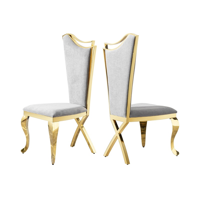 Gorgeous Streamlined High Back Fabric Stainless Steel Dining Chair (Set of 2) – Gold / Gray