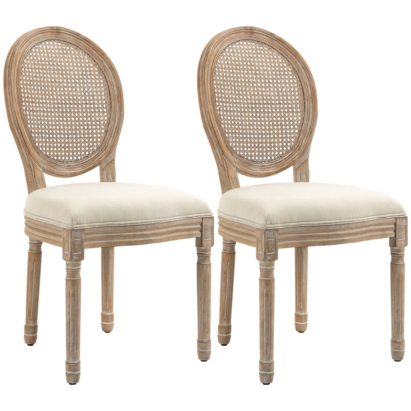 Homcom – French Style Upholstered Dining Chair Set, Armless Accent Side Chairs With Rattan Backrest And Linen-Touch Upholstery (Set of 2) – Cream White