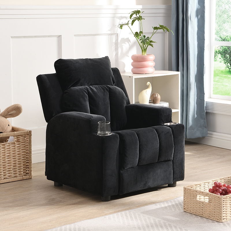 Kids Recliner Chair, Kids Upholstered Couch With One Cup Holder, Toddlers Recliner With Headrest And Footrest – Black