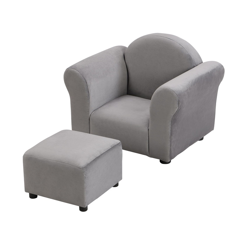 Kids Recliner Chair, Kids Upholstered Couch With Ottoman – Gray