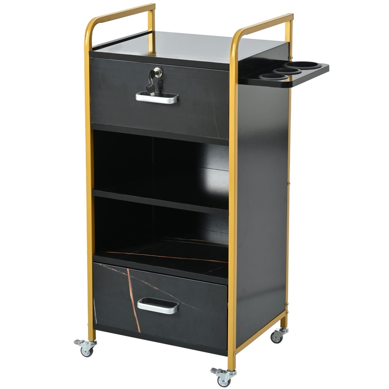 Locking Salon Storage Cabinet, Beauty Barber Salon Styling Station Organizer Equipment With 3 Hair Dryer Holder, 2 Drawers For Beauty Spa Barber Shop – Black