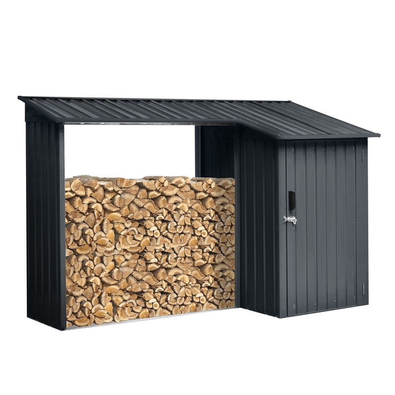 Outdoor Steel Firewood Rack And Metal Storage Shed, Two In One – Black