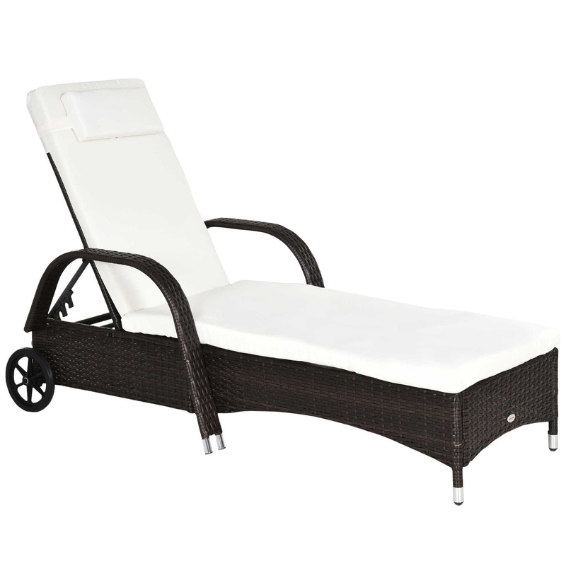 Outsunny – Wicker Outdoor Chaise Lounge, 5-Level Adjustable Backrest Pe Rattan Pool Lounge Chair With Wheels, Cushion & Headrest – Brown / Cream White