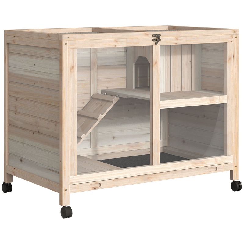 Pawhut – Indoor Rabbit Hutch With Wheels, Desk And Side Table Sized, Wood Rabbit Cage, Waterproof Small Rabbit Cage – Natural