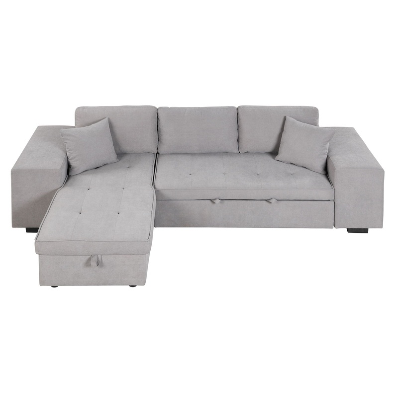 Pull Out Sleeper Sofa Reversible L-Shape 3 Seat Sectional Couch With Storage Chaise And 2 Stools For Living Room Furniture Set – Gray
