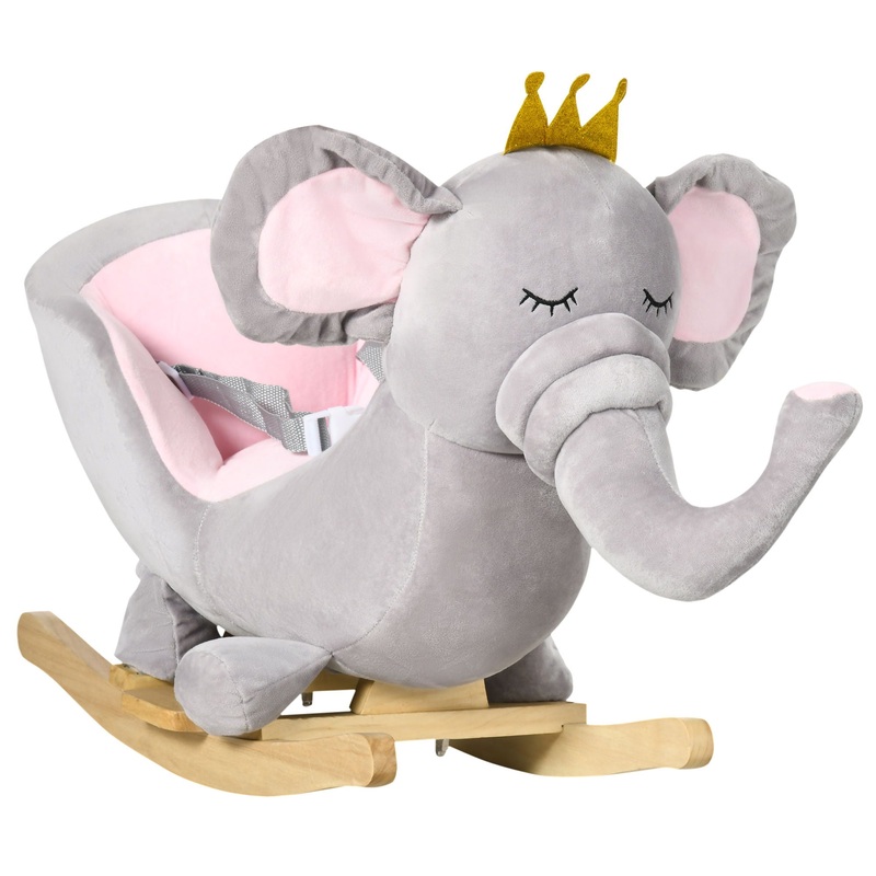 Qaba – Baby Rocking Horse Elephant Rocking Chair Toddler Rocker Toy With Sound Wooden Base Seat Safety Belt For 1.5-3 Year Old – Gray