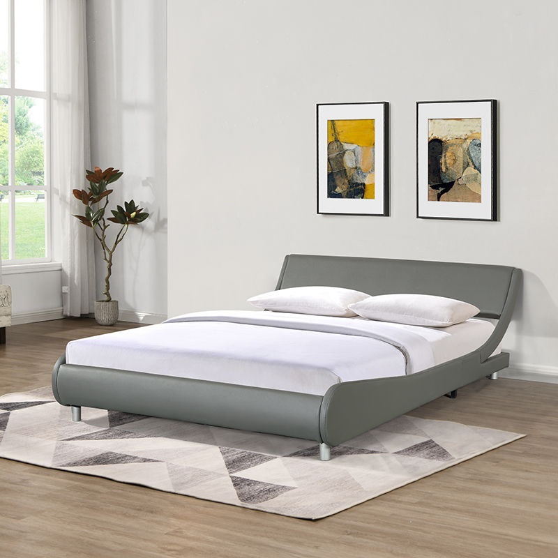 Queen Size Upholstered Platform Bed Frame, Curve Design, Wood Slat Support, No Box Spring Needed – Gray