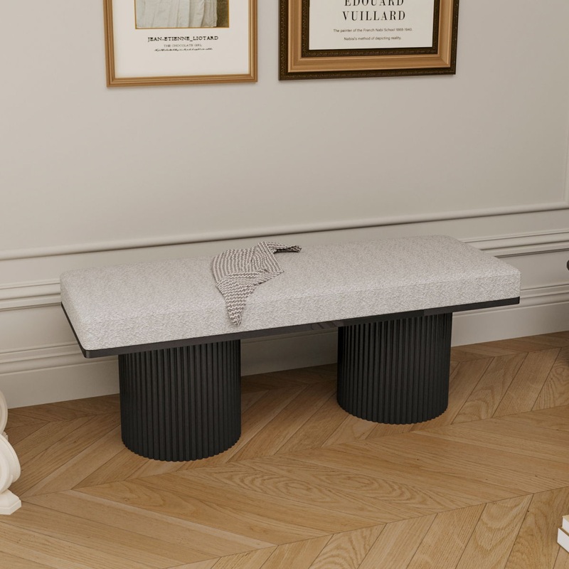 Upholstered Bench With Black Chunky Legs Boucle Contemporary Style Bed-End Bench For Bedroom Living Room – Light Gray
