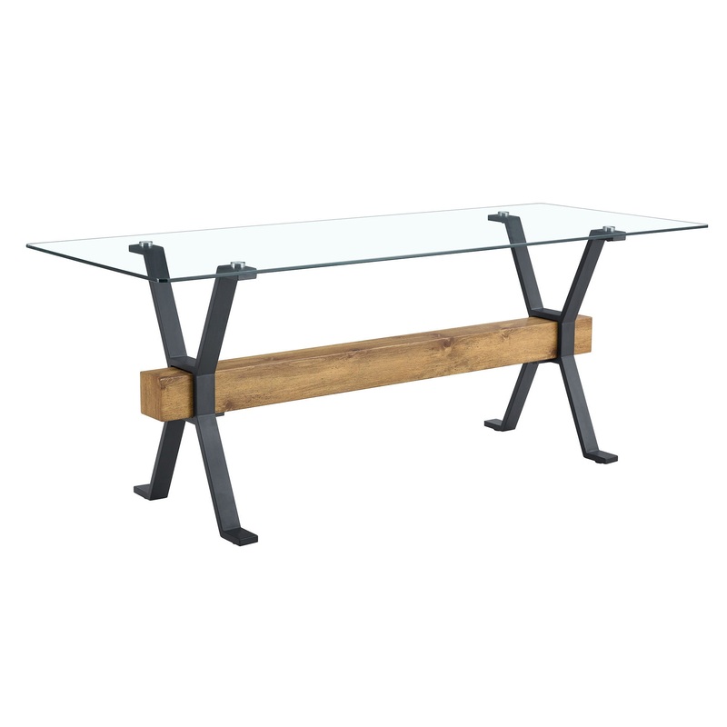 Elegant Tempered Glass Dining Table With X Shaped Metal Legs And Wood Grain Crossbeam – Black / Transparent