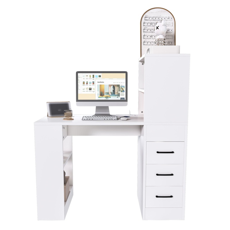 Modern Computer Desk With Built In Socket 3 Slide Drawers 4 Storage Levels – White