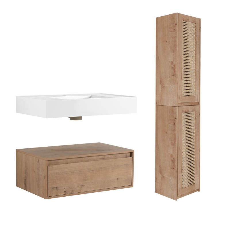 Modern Imitative Wall Mounted Bathroom Vanity With Resin Sink & 2 Side Cabinet, Soft Close Drawer – Imitative Oak