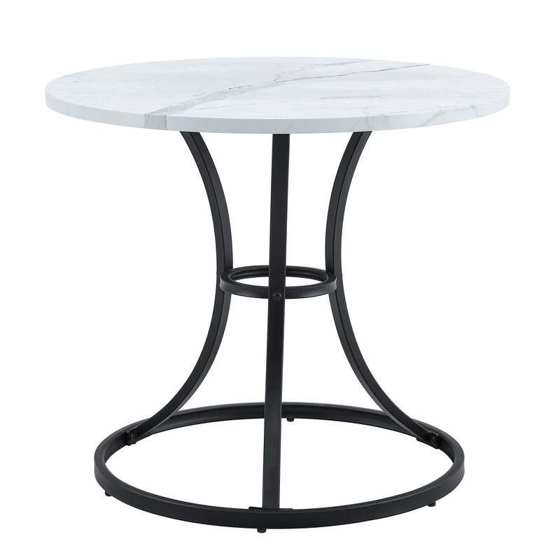 Modern Minimalist Circular Dining Table With Marble Texture And Metal Legs – White / Black
