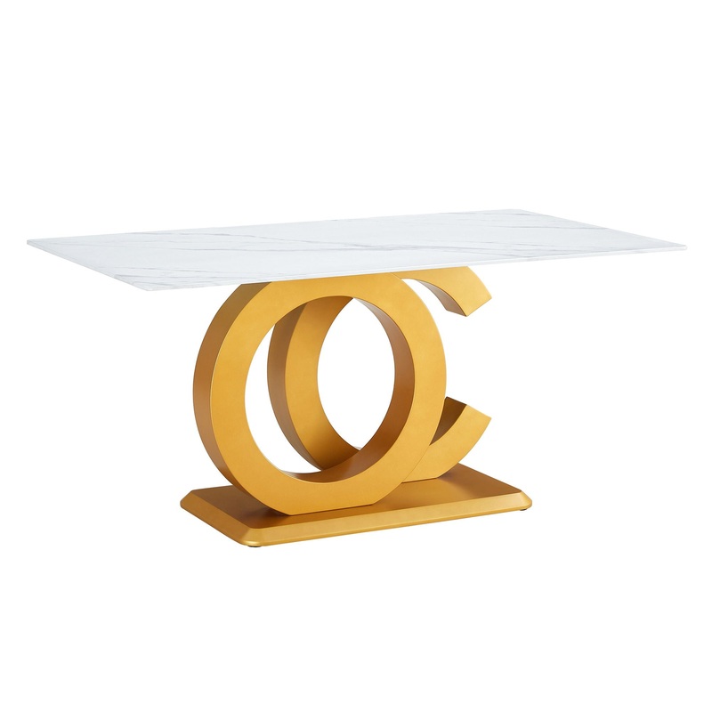Modern Minimalist Rectangular Dining Table For 6 – 8 People With Brackets And Aureate Base – Gold
