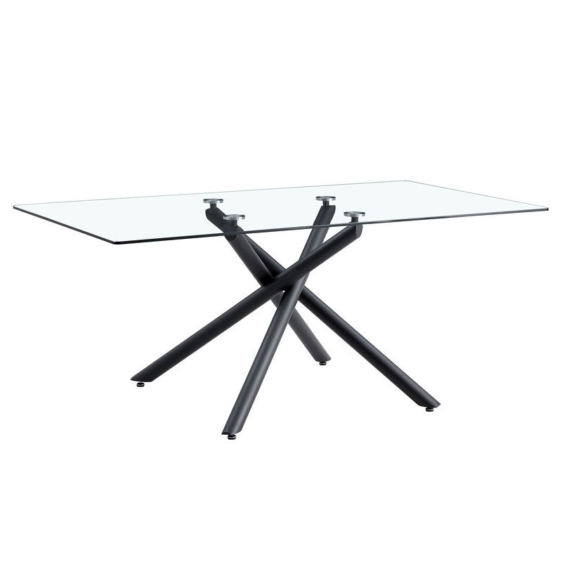 Modern Minimalist Rectangular Glass Dining Table For 6 – 8 With Tempered Glass Top And Metal Legs – Black / Transparent