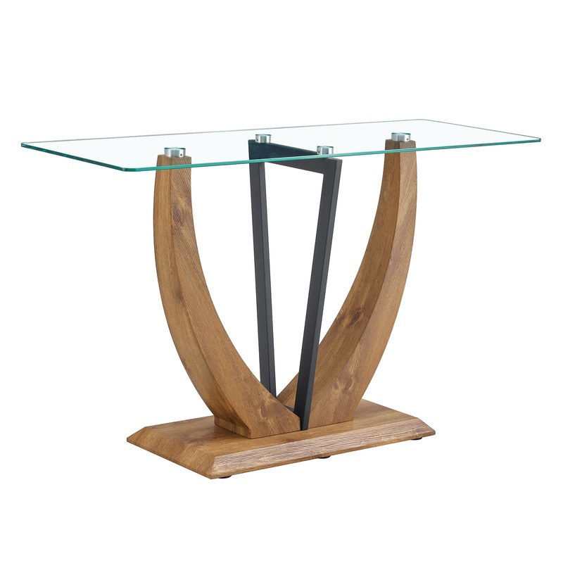 Modern Minimalist Rectangular Glass Table With Tempered Glass Top And Wood Grain Legs For Entrance And Living Room – Transparent