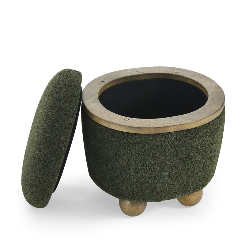 Modern Round Storage Ottoman With Cushioned Seat And Storage Space Dark Loop Yarn Small Size – Green