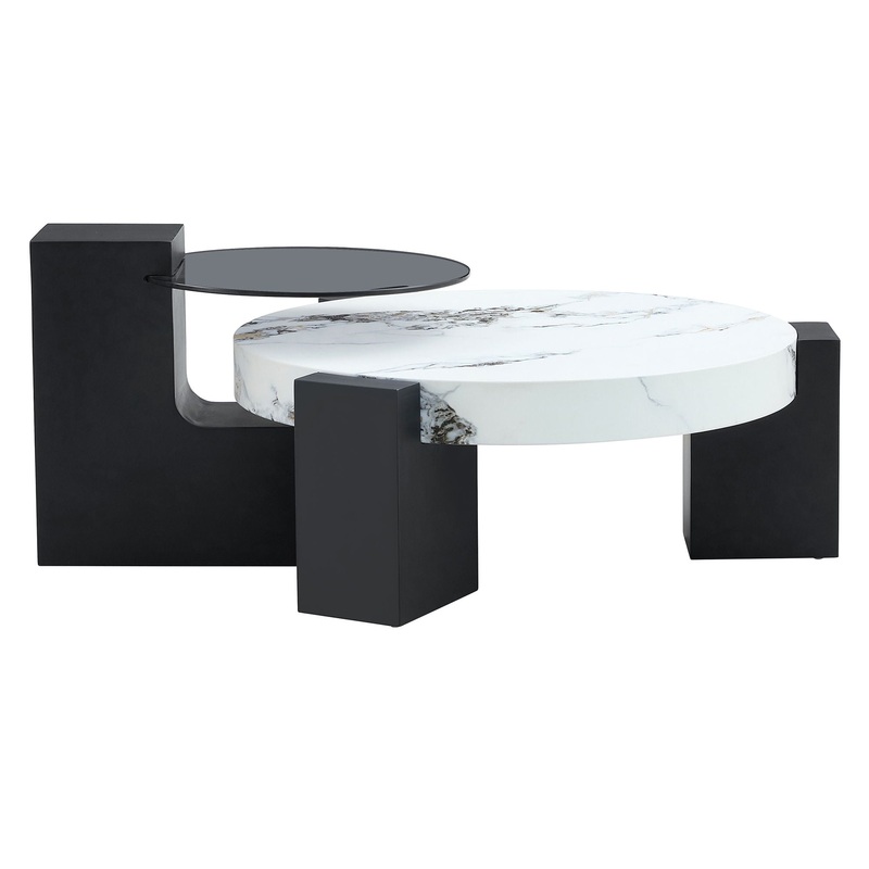 Modern Simple Double Layer Round Coffee Table Transparent Glass Top With L Shaped Legs – White / Black