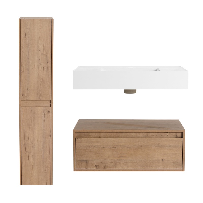Modern Wall Mounted 30 Inch Bathroom Vanity With Resin Sink And 2 Side Cabinet In Imitative – Imitative Oak