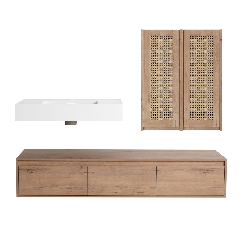 Modern Wall Mounted Bathroom Vanity With Resin Sink And 2 Side Cabinet, Imitative , Construction – Imitative Oak