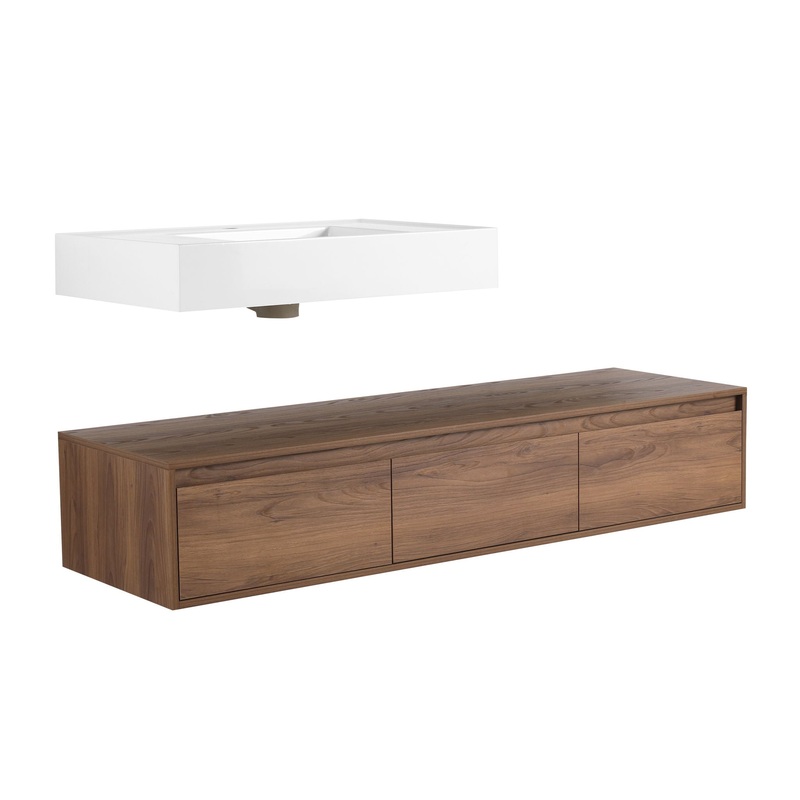 Modern Wall Mounted Bathroom Vanity With Resin Sink And Side Cabinet – Brown Ebony