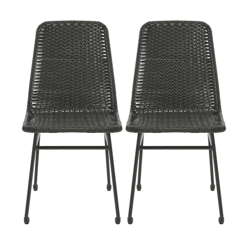 Outdoor Dining Chairs (Set of 2), Rattan Backrest And Cushions, Iron Frame – Dark Brown