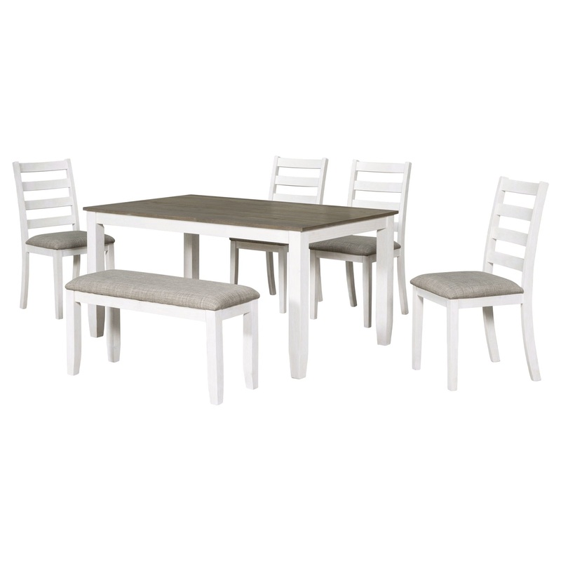 Rustic Style 6 Piece Dining Room Table Set With 4 Upholstered Chairs & A Bench – Brown / Whitewash