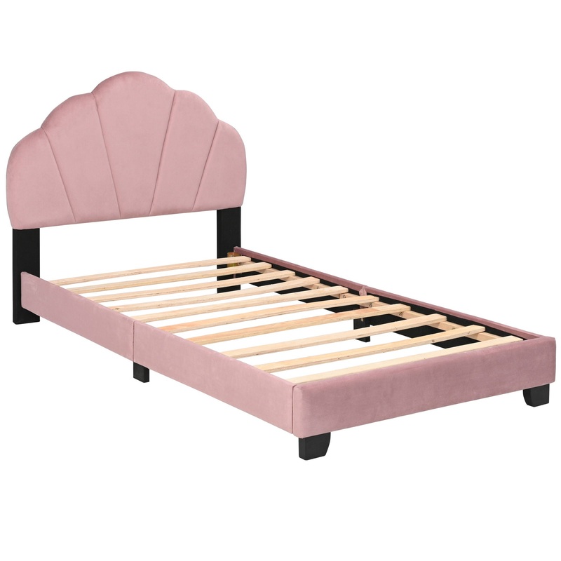 Upholstered Twin Size Platform Bed For Kids Wooden Bed Frame With Slatted Bed Base No Box Spring Needed Cute Bed Frame With Shell Design Headboard – Pink