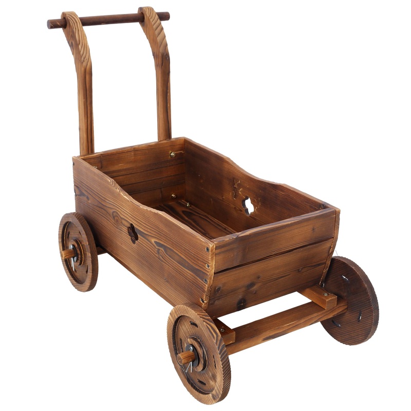 Wooden Wagon Planter Box Mobile Garden Planter With Wheels Handle Drain Hole Wood – Brown