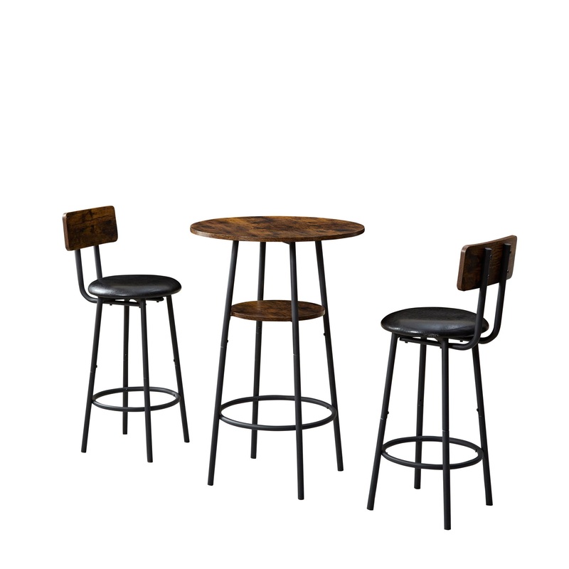 3 Piece Round Dining Table, Two-Level Small Dining Table With Storage, Bar Table, Two Upholstered Bar Chairs With Backrest – Antique Brown / Black