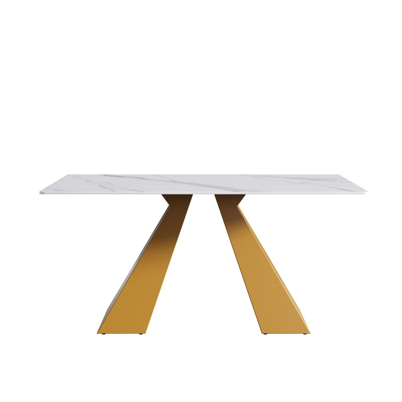 63 Modern Artificial Stone Straight Edge Golden Metal Leg Dining Table – White / Gold
