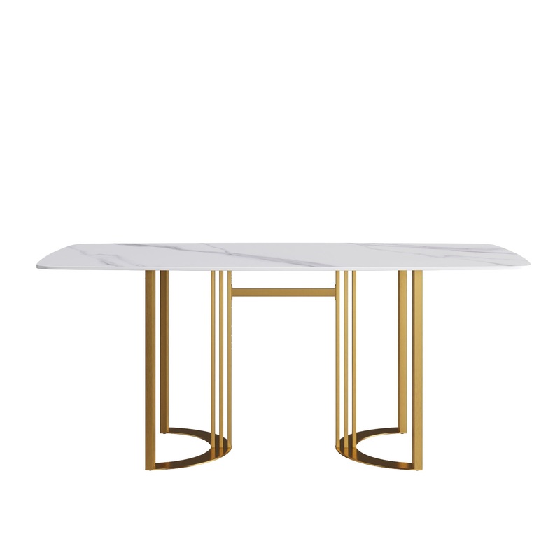 70.87 Modern Artificial Stone White Curved Golden Metal Leg Dining Table, Can Accommodate 6-8 People – White / Gold