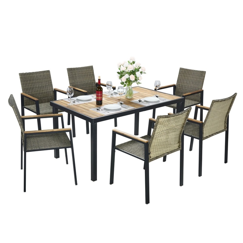 All Weather 7 Piece Patio Dining Table Set With Umbrella Hole – Brown / Gray