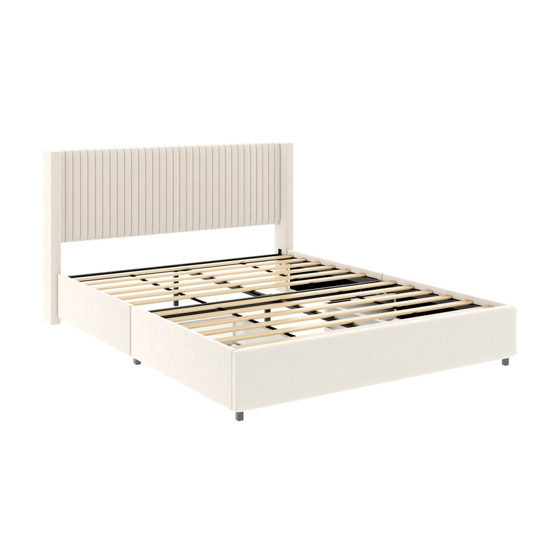 Anna – Upholstered Wingback Platform Bed With 4 Drawers Storage