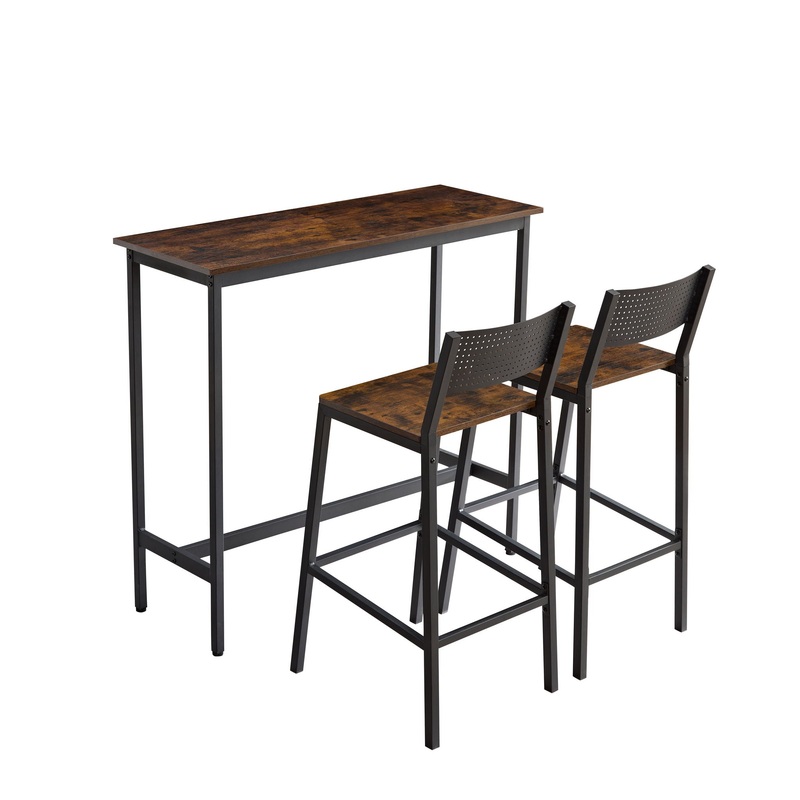 Bar Stool And Bar 3 Piece Set, Industrial Style Bar Stool With Backrest, Iron Wood Structure Furniture, Suitable For Bars, Kitchens – Antique Brown / Black