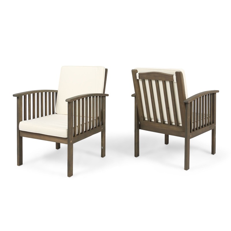 Casa Acacia Wood Club Chairs (Set of 2) With Water Resistant Cushions – Gray / Cream