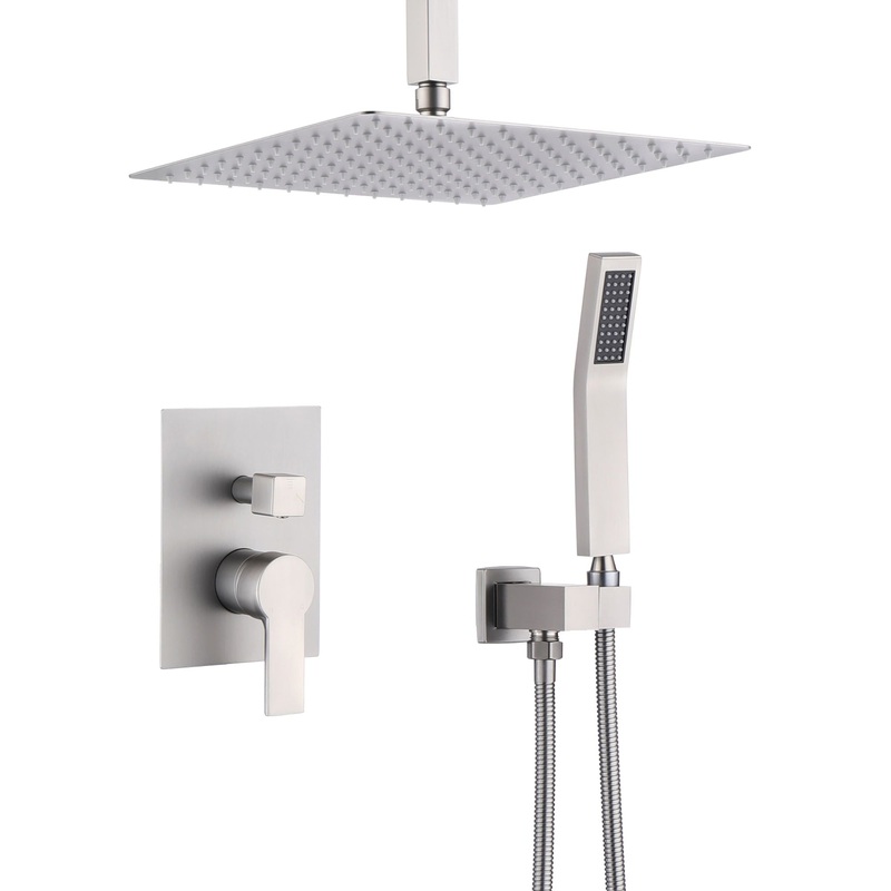 Luxury 12 Ceiling Mount Rainfall Shower System With Brass And Stainless Steel – Brushed Nickel