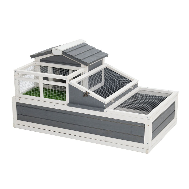 Luxury 3 Room Wooden Tortoise House Habitat With Turf Balcony & 2 Stories – Gray / White