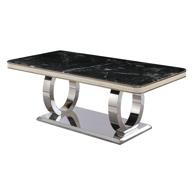 Luxury Modern Dining Table With Faux Marble Top And Dual Circle Base – Black
