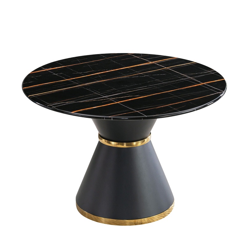 Marble Printed Round Dining Table – Black Columnar Base With Gold Annulus Not Including Chairs – Black