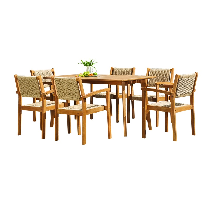 Mauricio – 7 Piece Dining Set With Stacking Chair – Natural / Light Brown