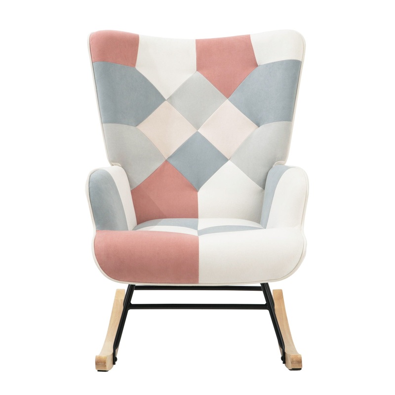 Mid Century Rocking Chair With Ottoman Patchwork Linen Wood Legs Design Living Room And Bedroom – Colorful