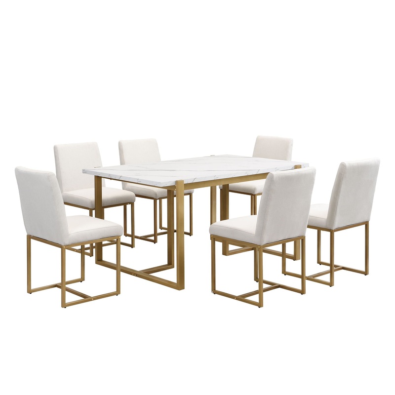 Modern Dining Table Set For 6 Faux Marble Kitchen Table Set With 6 Upholstered Dining Chairs, 7 Piece – White / Golden