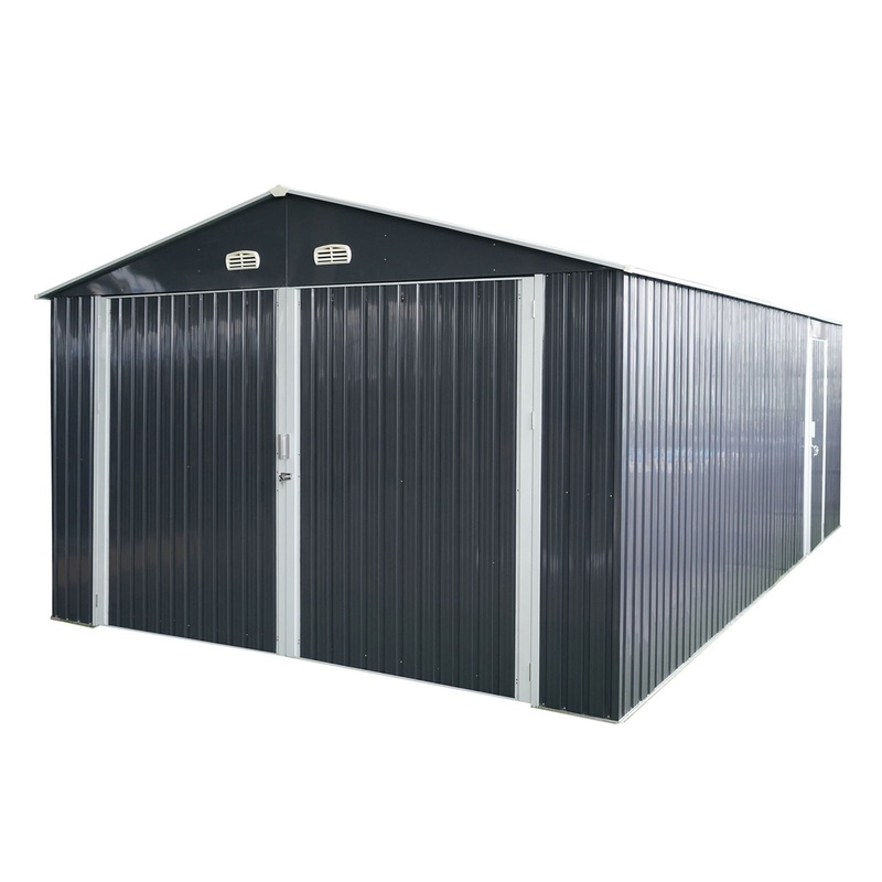 Outdoor Storage Shed Metal Garage Shed For Car, Bike, Lawnmower Backyard Tool House Building 2 Doors And 4 Vents – Black