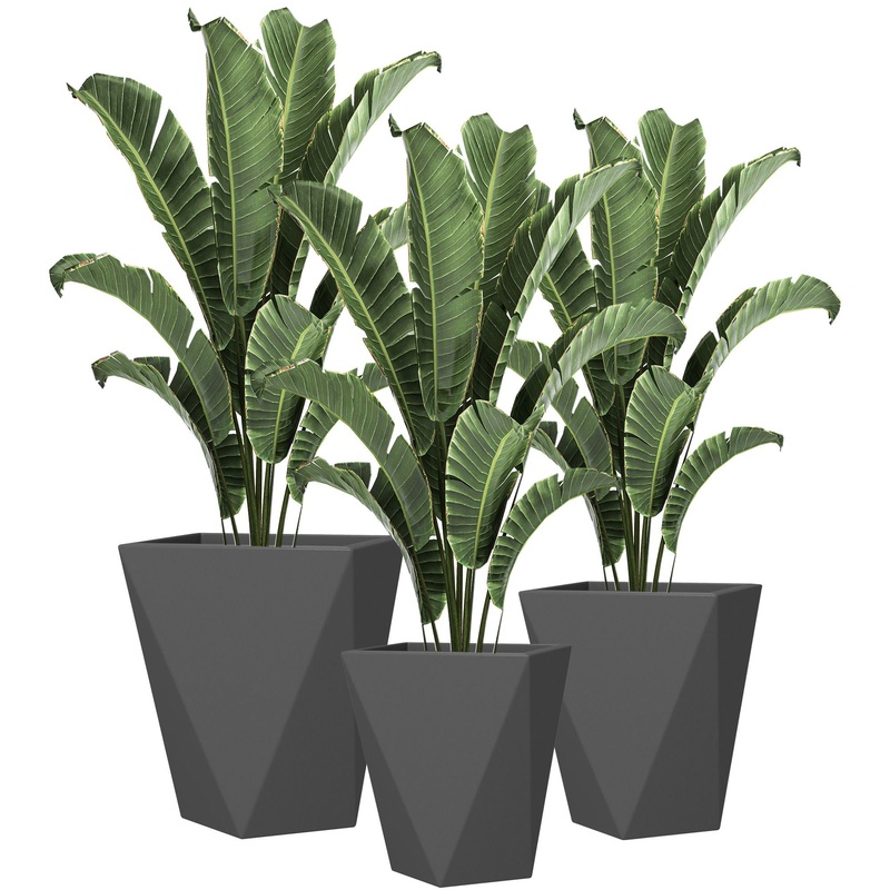 Outsunny – 18, 15.25, 11.75 Tall Planters (Set of 3), Indoor Outdoor Planters With Drainage Holes, Stackable Flower Pots For Garden, Patio, Balcony, Front Door – Gray