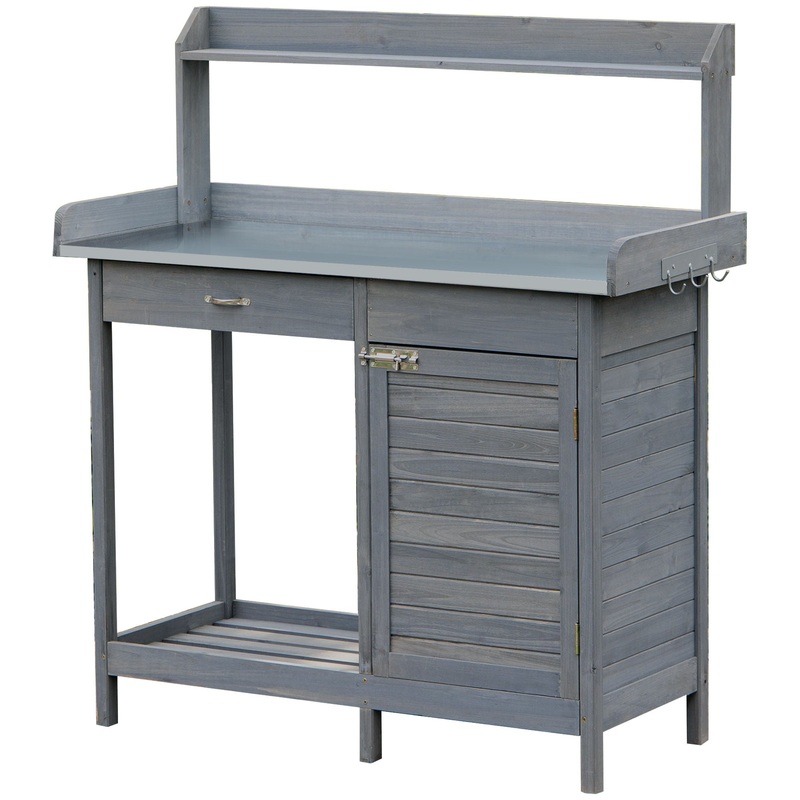 Outsunny – Outdoor Potting Bench Table, Garden Work Station With Storage Cabinet, Open Shelf And Steel Tabletop – Gray