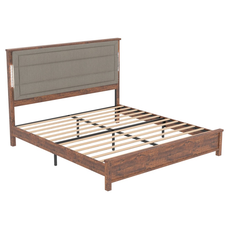 Queen Size Bed Frame With Upholstered Headboard, Queen Bed Frame With Charging Station And LED Lights, Wood Slats, No Box Spring Needed – Gray / Dark Brown