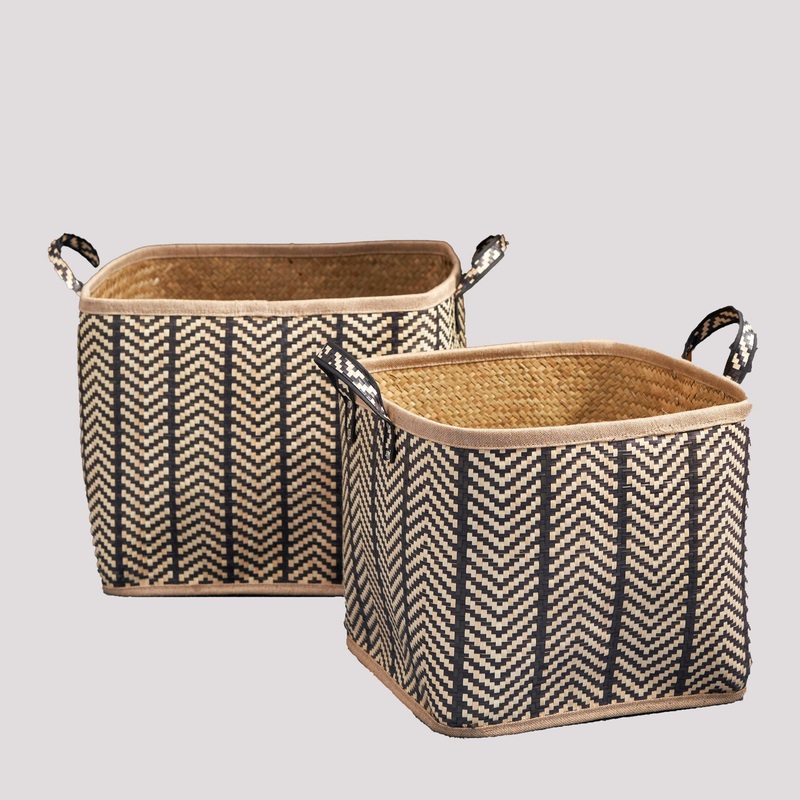 Square Palm Leaf Woven Wicker Storage Basket With Handles (Set of 2) – Back / Brown