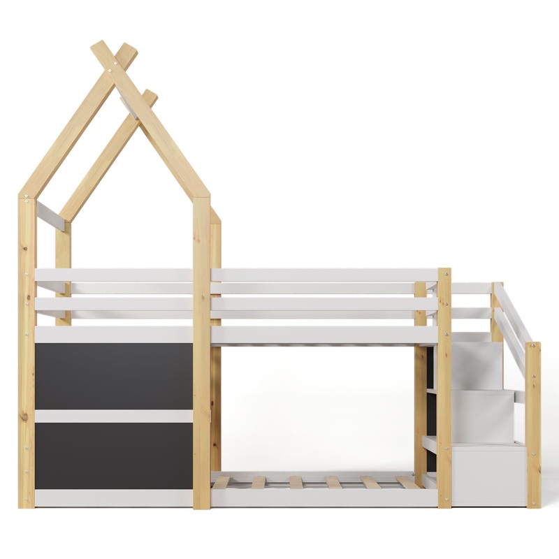 Twin Over Twin House Bunk Bed With White Storage Staircase And 2 Blackboards – White / Natural
