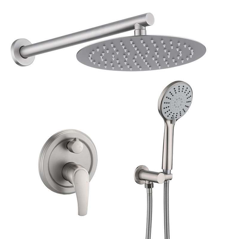 Wall Mounted Shower Set With High Pressure 10 Rain Shower Head And 5 Function Handheld Shower Head – Brushed Nickel